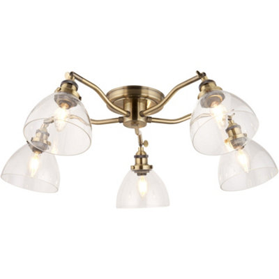 Loops Antique Brass Semi Flush Low Ceiling LightClear Multi Arm Glass5 X 7W Led E14 from B&Q