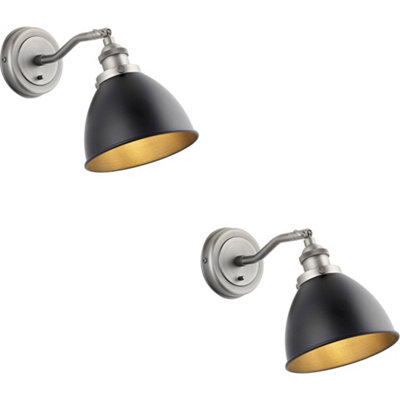 Loops 2 Pack Indoor Aged Pewter Plate Adjustable Wall LightMatt Black Paint ShadeDimmable 7W Led E14 from B&Q