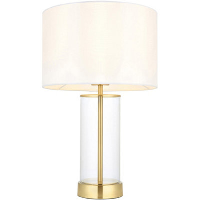 Loops Satin Brass Plate & Clear Glass Table LampVintage White Fabric Shade440mm Dimmable Tall Light from B&Q