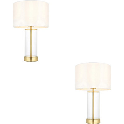 Loops 2 Pack Satin Brass Plate & Clear Glass Table LampVintage White Fabric Shade440mm Dimmable Tall Light from B&Q