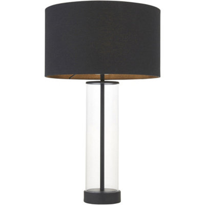 Loops Matt Black & Clear Glass Dimmable Table LampBlack Cotton Fabric Shade570mm Tall Light10W Led E27 from B&Q