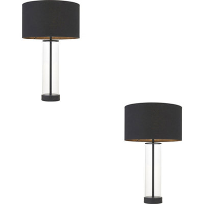 Loops 2 Pack Matt Black & Clear Glass Dimmable Table LampBlack Cotton Fabric Shade570mm Tall Light10W Led E27 from B&Q