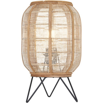 Loops Natural Linen & Natural Bamboo Table LampMatt Black Shade335mm Tall Light10W Led E27 from B&Q