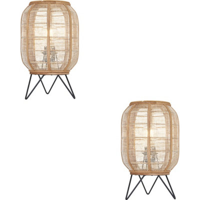 Loops 2 Pack Natural Linen & Natural Bamboo Table LampMatt Black Shade335mm Tall Light10W Led E27 from B&Q