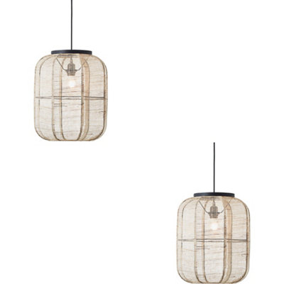 Loops 2 Pack Hanging Ceiling Pendant LightMedium Natural Linen Dark Plywood & Matt Black10W Led E27 from B&Q