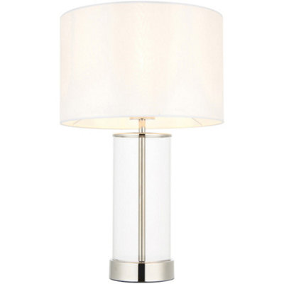 Loops Bright Nickel Plate & Clear Glass Table LampVintage White Fabric440mm Dimmable Tall Light from B&Q