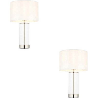 Loops 2 Pack Bright Nickel Plate & Clear Glass Table LampVintage White Fabric440mm Dimmable Tall Light from B&Q