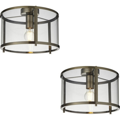 Loops 2 Pack Semi Flush Low Ceiling LightAntique Brass & Clear Glass10W Max Led E27 from B&Q