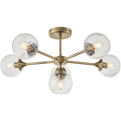 Loops Antique Brass Semi Flush Low Ceiling LightClear Spiral Multi Arm Glass6 X 7W Led E14 from B&Q