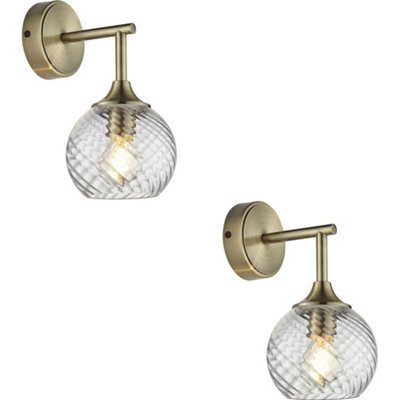 Loops 2 Pack Indoor Antique Brass Plate Wall LightClear Spiral Glass ShadeDimmable 7W Led E14 from B&Q