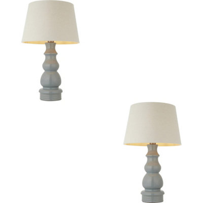 Loops 2 Pack Blue Grey Glaze & Satin Nickel Plate Table LampIvory Linen Fabric660mm Tall Light from B&Q