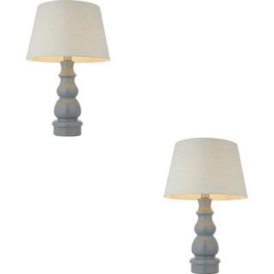 Loops 2 Pack Blue Grey Glaze & Satin Nickel Plate Table LampIvory Linen Fabric Shade685mm Tall Light10W Led E27 from B&Q