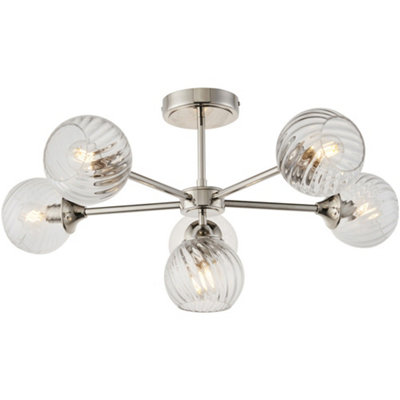 Loops Bright Nickel Semi Flush Low Ceiling LightClear Spiral Multi Arm Glass6 X 7W Led E14 from B&Q