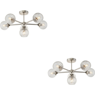 Loops 2 Pack Bright Nickel Semi Flush Low Ceiling LightClear Spiral Multi Arm Glass6 X 7W Led E14 from B&Q