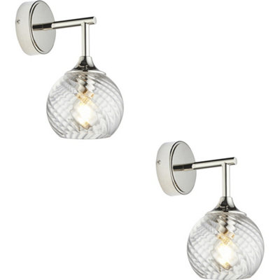 Loops 2 Pack Indoor Bright Nickel Plate Wall LightClear Spiral Glass ShadeDimmable 7W Led E14 from B&Q
