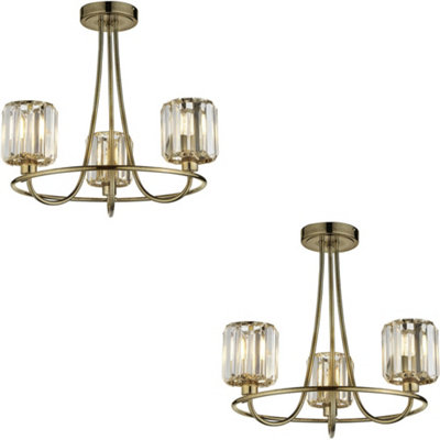 Loops 2 Pack Antique Brass Semi Flush Low Ceiling LightClear Multi Arm Glass3 X 6W Led E14 from B&Q