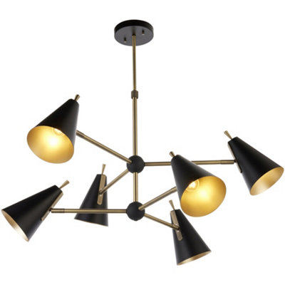 Loops Multi Arm Hanging Ceiling Pendant LightMatt Antique Brass Plate & Matt Black Shade6 X 7W Led E14 from B&Q
