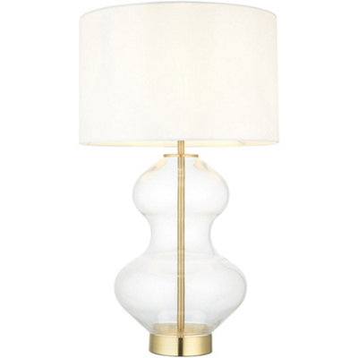 Loops Satin Brass Plate Table LampClear Glass With Vintage White Fabric ShadeTouch Dimmable from B&Q