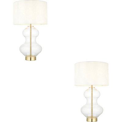 Loops 2 Pack Satin Brass Plate Table LampClear Glass With Vintage White Fabric ShadeTouch Dimmable from B&Q