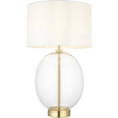 Loops Satin Brass Plate Table LampRounded Clear Glass With Vintage White Fabric ShadeTouch Dimmable from B&Q