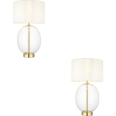 Loops 2 Pack Satin Brass Plate Table LampRounded Clear Glass With Vintage White Fabric ShadeTouch Dimmable from B&Q