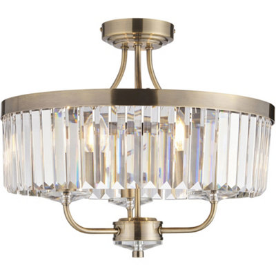 Loops Antique Brass Semi Flush Low Ceiling LightClear Cut Glass Shade3X 6W Led E14 from B&Q