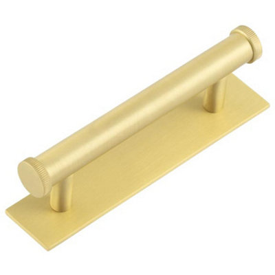 Loops Stylish Satin Brass Cabinet Handle With 96mm Centers And BackplateKitchen Drawer Pull Handle from B&Q