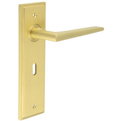 B&Q -  Satin Brass Door Handle Lock Backplate For Modern HomesSolid Brass Interior Handle