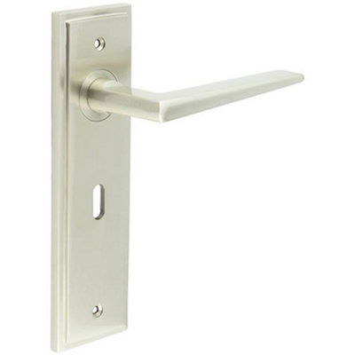 B&Q -  Satin Nickel Door Handle Lock Backplate For Modern HomesSolid Brass Interior Handle