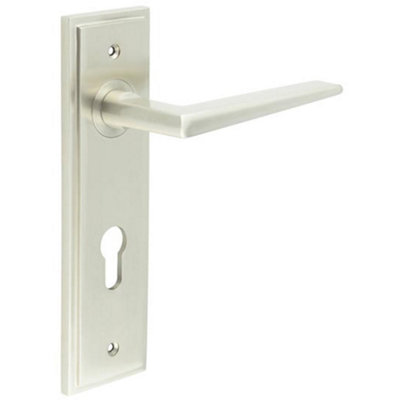 B&Q -  Satin Nickel Door Handle With Euro Backplate For Modern HomesSolid Brass Interior Handle