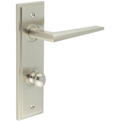 B&Q -  Elegant Satin Nickel Bathroom Door Handle With Turn & Release BackplateSolid Brass Interior Handle
