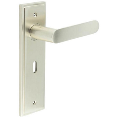 B&Q -  Satin Nickel Door Handle Lock Backplate For Elegant HomesSolid Brass Interior Handle