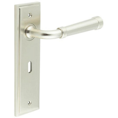 B&Q -  Elegant Satin Nickel Door Handle Lock Backplate For Luxury HomesSolid Brass Interior Handle