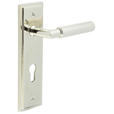 B&Q -  Luxurious Door Handle With Din Euro Backplate In Polished Nickel FinishSolid Brass Interior Handle