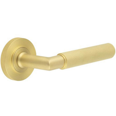 B&Q -  Luxury Satin Brass Door Handle On Knurled Rose For Stylish InteriorsSolid Brass Interior Handle