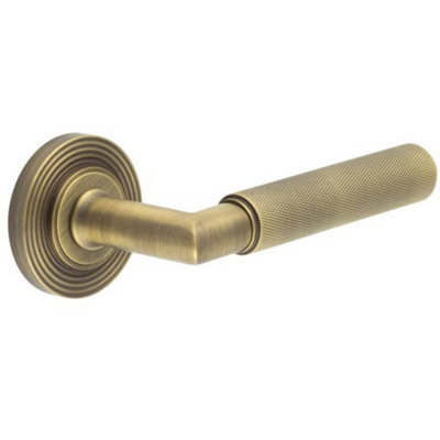 B&Q -  Premium Antique Brass Door Handle With Reeded Rose DesignSolid Brass Interior Handle