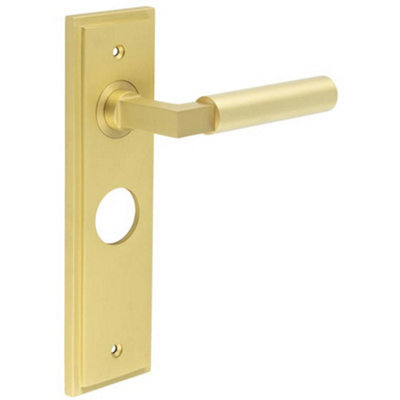 B&Q -  Satin Brass Bathroom Door Handle With Backplate For Modern HomesSolid Brass Interior Lever