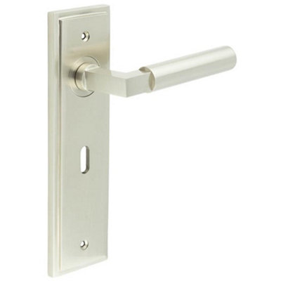 B&Q -  Satin Nickel Door Handle Lock Backplate For Modern HomesSolid Brass Interior Lever