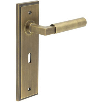 B&Q -  Antique Brass Door Handle Lock Backplate For Modern HomesSolid Brass Interior Lever