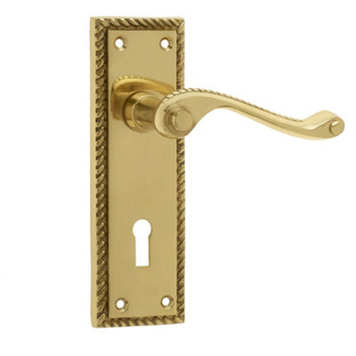 Loops Elegant Georgian Suite Polished Brass Door Handle With LockplateInterior Lever On Backplate