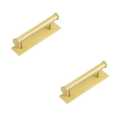 Loops 2 Pack Stylish 96mm Satin Brass Cabinet Handle With Plain BackplateKitchen Drawer Pull Handle from B&Q