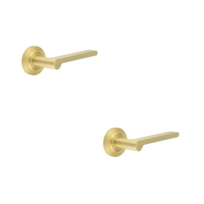 B&Q -  2 Pack Satin Brass Door Handle With Chamfered Rose DesignSolid Brass Interior Handle