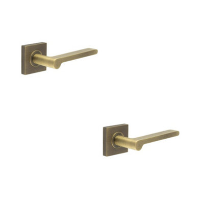 B&Q -  2 Pack Antique Brass Square Door Handle With Rose DesignSolid Brass Interior Handle