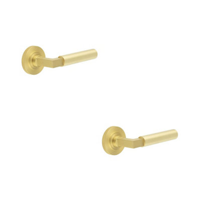 Loops 2 Pack Elegant Knurled Satin Brass Door Handle With Rose DesignSolid Brass Interior Handle