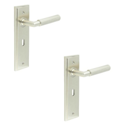 B&Q -  2 Pack Satin Nickel Door Handle Lock Backplate With Luxury DesignSolid Brass Interior Handle