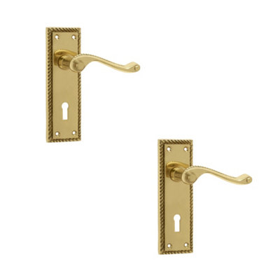 Loops 2 Pack Elegant Georgian Suite Polished Brass Door Handle With LockplateInterior Lever On Backplate