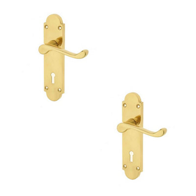 Loops 2 Pack Contemporary Suite Door Handle With Lockplate In Polished Brass FinishInterior Lever On Backplate from B&Q