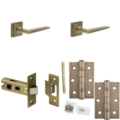 Loops Door Handle & Latch Set Antique Brass Slim Mitred Lever Square Stepped On Rose