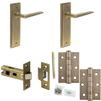 Loops Door Handle & Latch Set Antique Brass Slim Mitred Lever Latch Backplate
