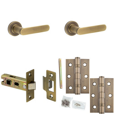 Loops Door Handle & Latch Set Antique Brass Flat Lever Round Plain On Rose
